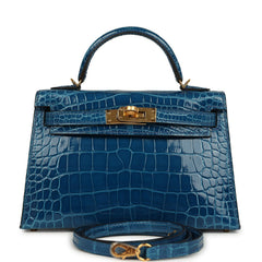 Hermes Kelly Sellier 20 Bleu Mykonos Shiny Alligator Gold Hardware