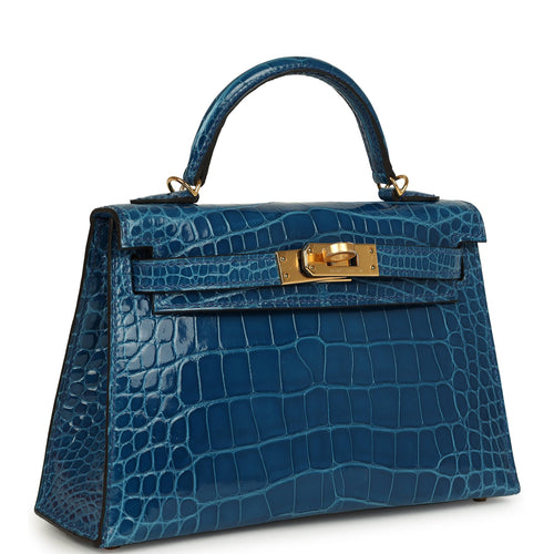 Hermes Kelly Sellier 20 Bleu Mykonos Shiny Alligator Gold Hardware