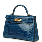 Hermes Kelly Sellier 20 Bleu Mykonos Shiny Alligator Gold Hardware
