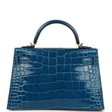 Hermes Kelly Sellier 20 Bleu Mykonos Shiny Alligator Gold Hardware