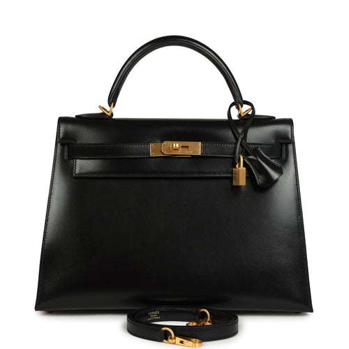 Pre-owned Hermes Kelly Sellier 32 Black Box Brushed Gold Hardware