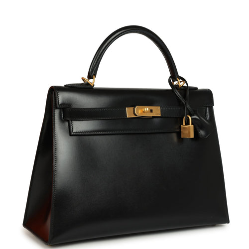 Pre-owned Hermes Kelly Sellier 32 Black Box Brushed Gold Hardware