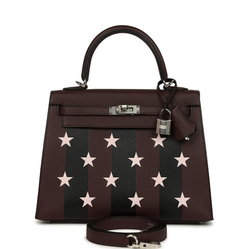 Hermes Kelly Sellier 25 Casaque Etoilee Rouge Sellier Epsom, Black Tadelakt, Rose Darling Chevre Mysore Palladium Hardware