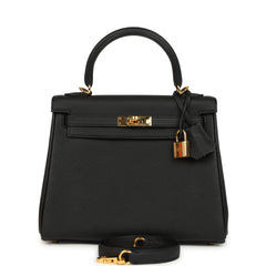 Pre-owned Hermes Kelly Retourne 25 Black Togo Gold Hardware