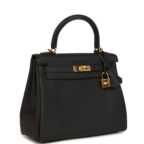 Pre-owned Hermes Kelly Retourne 25 Black Togo Gold Hardware