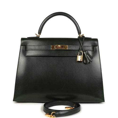 Pre-owned Hermes Kelly Sellier 32 Vert Fonce Box Gold Hardware