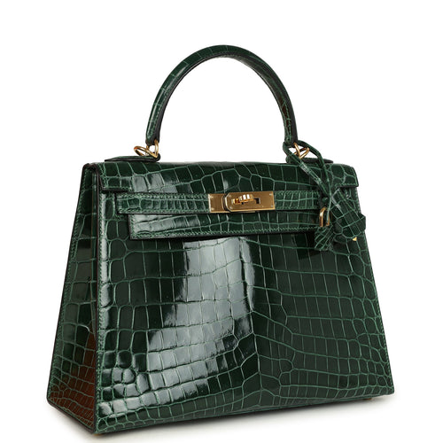 Pre-owned Hermes Kelly Sellier 28 Vert Fonce Shiny Niloticus Crocodile Gold Hardware