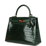 Pre-owned Hermes Kelly Sellier 28 Vert Fonce Shiny Niloticus Crocodile Gold Hardware