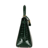 Pre-owned Hermes Kelly Sellier 28 Vert Fonce Shiny Niloticus Crocodile Gold Hardware