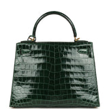 Pre-owned Hermes Kelly Sellier 28 Vert Fonce Shiny Niloticus Crocodile Gold Hardware