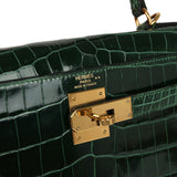 Pre-owned Hermes Kelly Sellier 28 Vert Fonce Shiny Niloticus Crocodile Gold Hardware