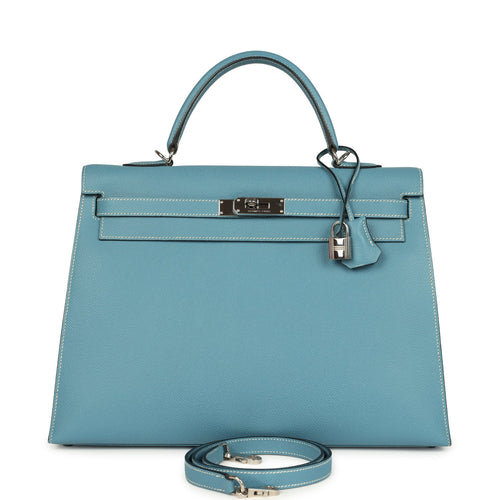 Vintage Hermes Kelly Sellier 35 Blue Jean Epsom Palladium Hardware