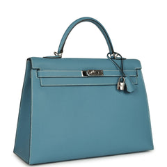 Vintage Hermes Kelly Sellier 35 Blue Jean Epsom Palladium Hardware