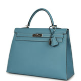 Vintage Hermes Kelly Sellier 35 Blue Jean Epsom Palladium Hardware