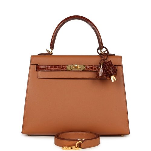 Hermes Kelly Sellier 25 Gold Madame and Miel Shiny Niloticus Crocodile Touch Gold Hardware