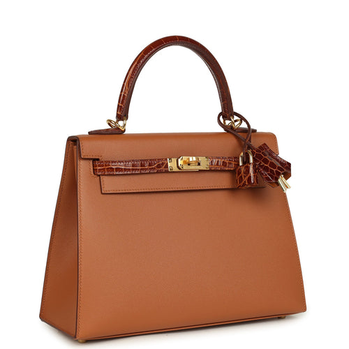 Hermes Kelly Sellier 25 Gold Madame and Miel Shiny Niloticus Crocodile Touch Gold Hardware