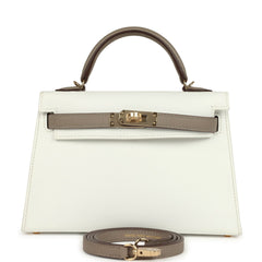 Hermes Special Order (HSS) Kelly Sellier 20 White and Gris Asphalt Epsom Permabrass Hardware