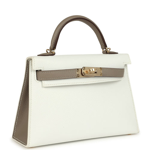 Hermes Special Order (HSS) Kelly Sellier 20 White and Gris Asphalte Epsom Permabrass Hardware