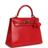 Vintage Hermes Kelly Sellier 25 Rouge Moyen Varanus Niloticus Lizard Ruthenium Hardware