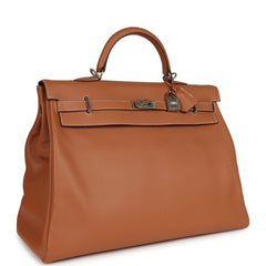 Pre-owned Hermes Kelly Voyage 50 Gold Evercolor Palladium Hardware