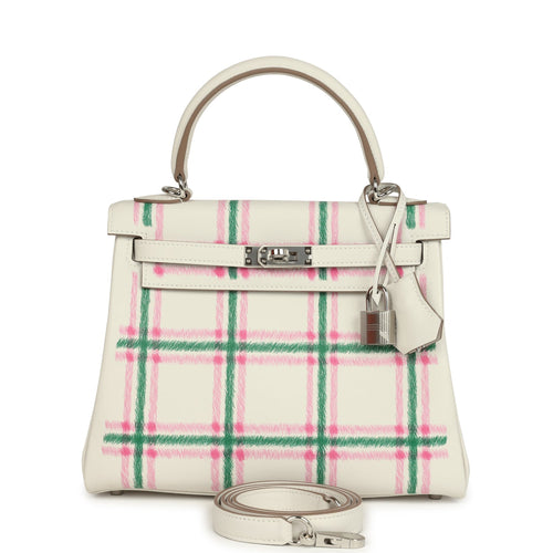 Hermes Kelly Retourne 25 "Tartan Light" Gris Pale, Vert Moyen and Bubblegum Swift Palladium Hardware