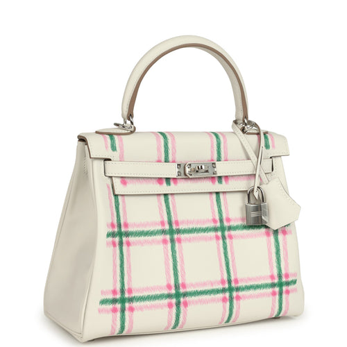 Hermes Kelly Retourne 25 "Tartan Light" Gris Pale, Vert Moyen and Bubblegum Swift Palladium Hardware