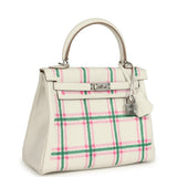 Hermes Kelly Retourne 25 "Tartan Light" Gris Pale, Vert Moyen and Bubblegum Swift Palladium Hardware