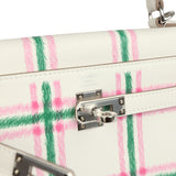 Hermes Kelly Retourne 25 "Tartan Light" Gris Pale, Vert Moyen and Bubblegum Swift Palladium Hardware