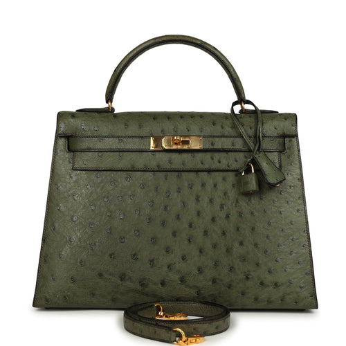 Vintage Hermes Kelly Sellier 32 Vert Olive Ostrich Gold Hardware