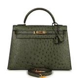Vintage Hermes Kelly Sellier 32 Vert Olive Ostrich Gold Hardware - Thumbnail View 1
