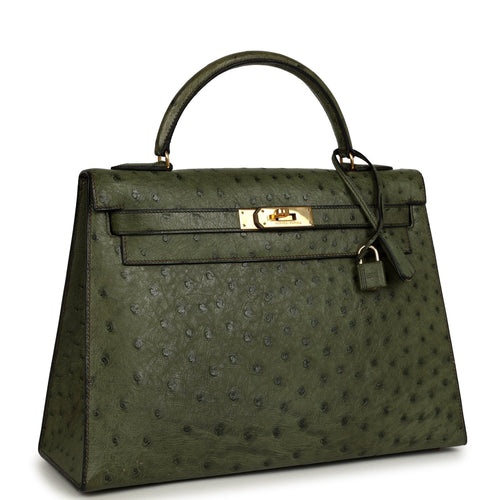 Vintage Hermes Kelly Sellier 32 Vert Olive Ostrich Gold Hardware