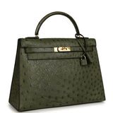 Vintage Hermes Kelly Sellier 32 Vert Olive Ostrich Gold Hardware - Thumbnail View 2