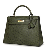 Vintage Hermes Kelly Sellier 32 Vert Olive Ostrich Gold Hardware - Thumbnail View 5