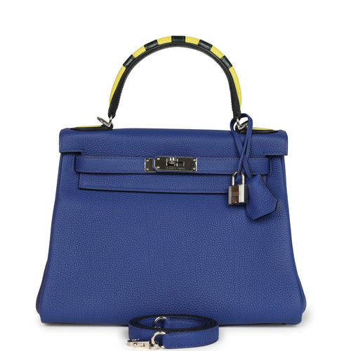 Pre-owned Hermes Au Trot Kelly Retourne 28 Bleu Electric Togo, Bleu Indigo, Lime, Vert Fonce Box Calf and Chevre Mysore Palladium Hardware