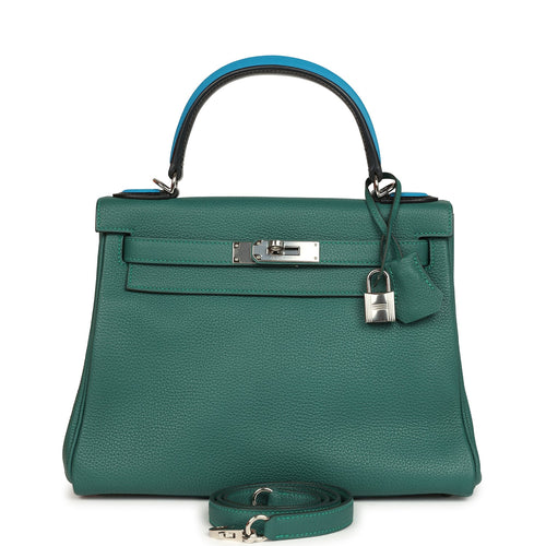 Pre-owned Hermes Au Pas Kelly Retourne 28 Malachite Togo, Black, Bleu Zanzibar Evercolor and Box Palladium Hardware