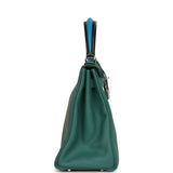 Pre-owned Hermes Au Pas Kelly Retourne 28 Malachite Togo, Black, Bleu Zanzibar Evercolor and Box Palladium Hardware