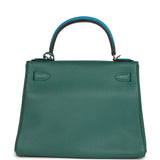 Pre-owned Hermes Au Pas Kelly Retourne 28 Malachite Togo, Black, Bleu Zanzibar Evercolor and Box Palladium Hardware