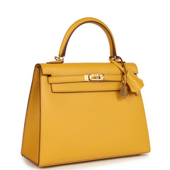 Pre-owned Hermes Kelly Sellier 25 Jaune Ambre Epsom Gold Hardware