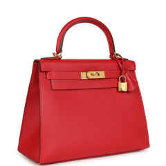 Pre-owned Hermes Kelly Sellier 28 Rouge Casaque Epsom Gold Hardware