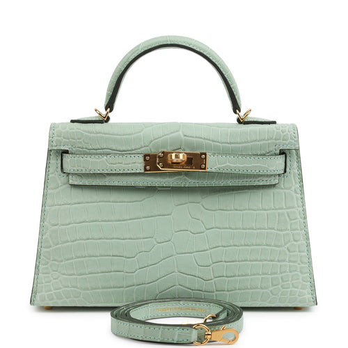 Hermes Kelly Sellier 20 Vert D'Eau Matte Porosus Crocodile Gold Hardware