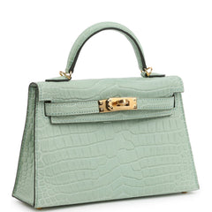 Hermes Kelly Sellier 20 Vert D'Eau Matte Porosus Crocodile Gold Hardware