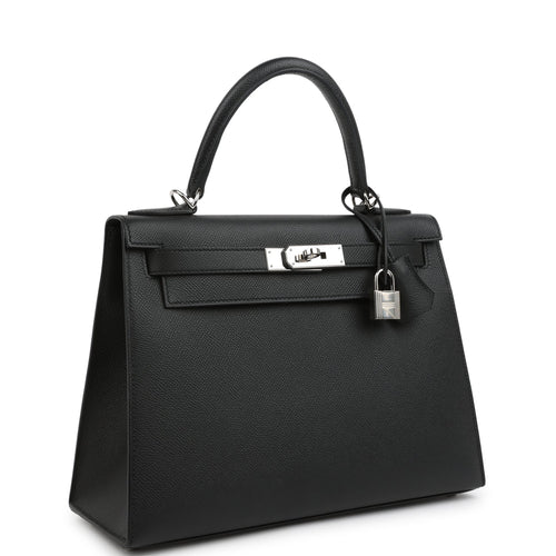 Pre-owned Hermes Kelly Sellier 28 Black Epsom Palladium Hardware