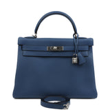 Hermes Kelly Retourne 32 Bleu Tie Clemence Palladium Hardware