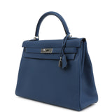 Hermes Kelly Retourne 32 Bleu Tie Clemence Palladium Hardware