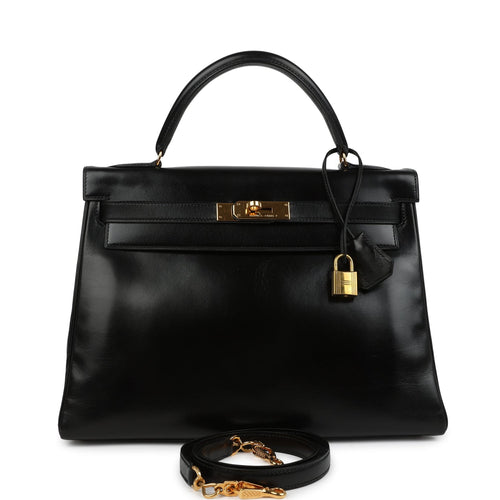 Vintage Hermes Kelly Retourne 32 Black Box Gold Hardware