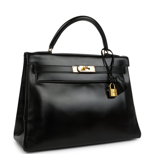 Vintage Hermes Kelly Retourne 32 Black Box Gold Hardware
