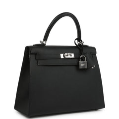 Pre-owned Hermes Kelly Sellier 25 Black Epsom Palladium Hardware