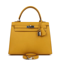 Pre-owned Hermes Kelly Sellier 25 Jaune Ambre Epsom Palladium Hardware