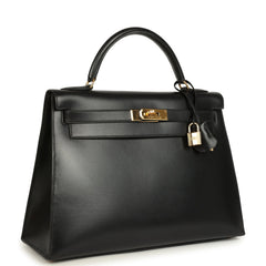 Vintage Hermes Kelly Sellier 32 Black Box Gold Hardware