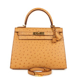 Pre-owned Hermes Kelly Sellier 28 Tabac Camel Ostrich Gold Hardware